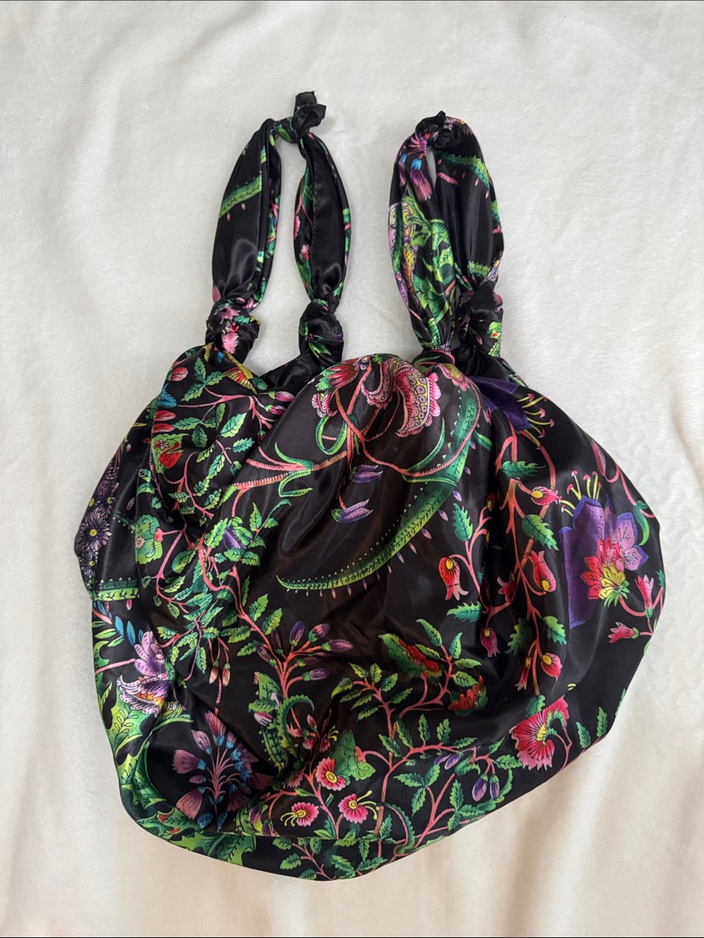Zara Floral Print Knot-Handle Satin Tote Bag - Black with Multicolor Floral